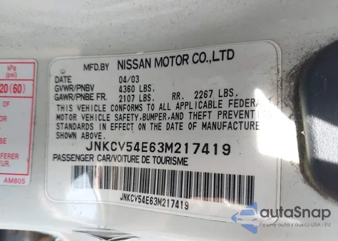 2003 Infiniti G35 Base W/Leather z USA, uszkodzony, nr VIN JNKCV54E63M217419